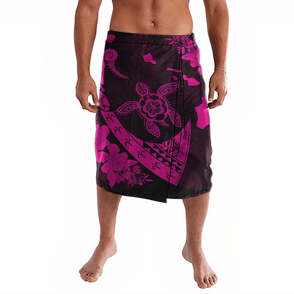 Polynesian Pride Clothing Hawaiian Map Hibiscus Turtle Fish Hook Polynesian Ie Faitaga Pink Lavalava Black - Polynesian Pride