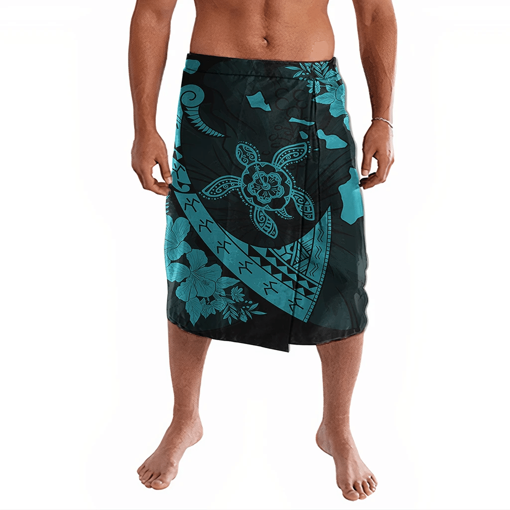 Polynesian Pride Clothing Hawaiian Map Hibiscus Turtle Fish Hook Polynesian Ie Faitaga Blue Lavalava Black - Polynesian Pride