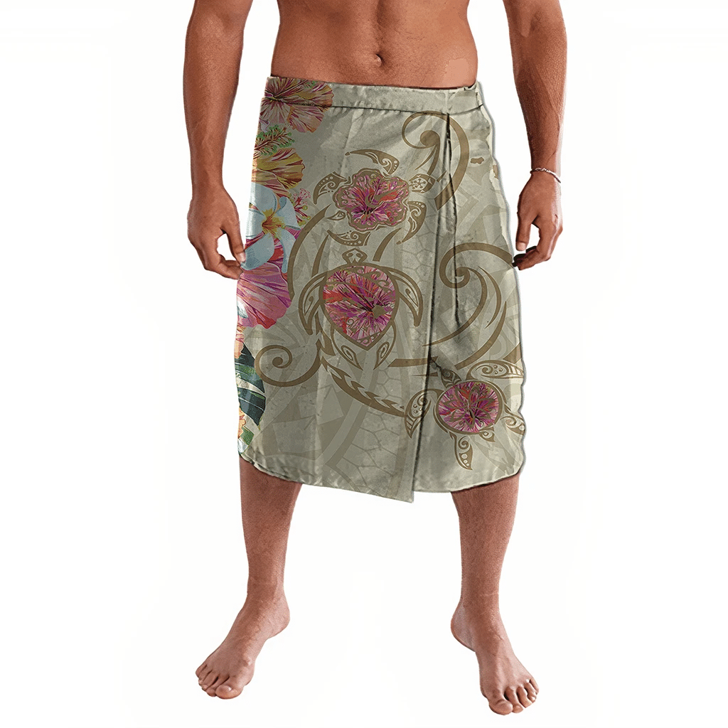 Polynesian Pride Clothing Hawaii Triple Marble Turtle Polynesian Hibiscus Ie Faitaga Benjamin Style Beige Lavalava Black - Polynesian Pride