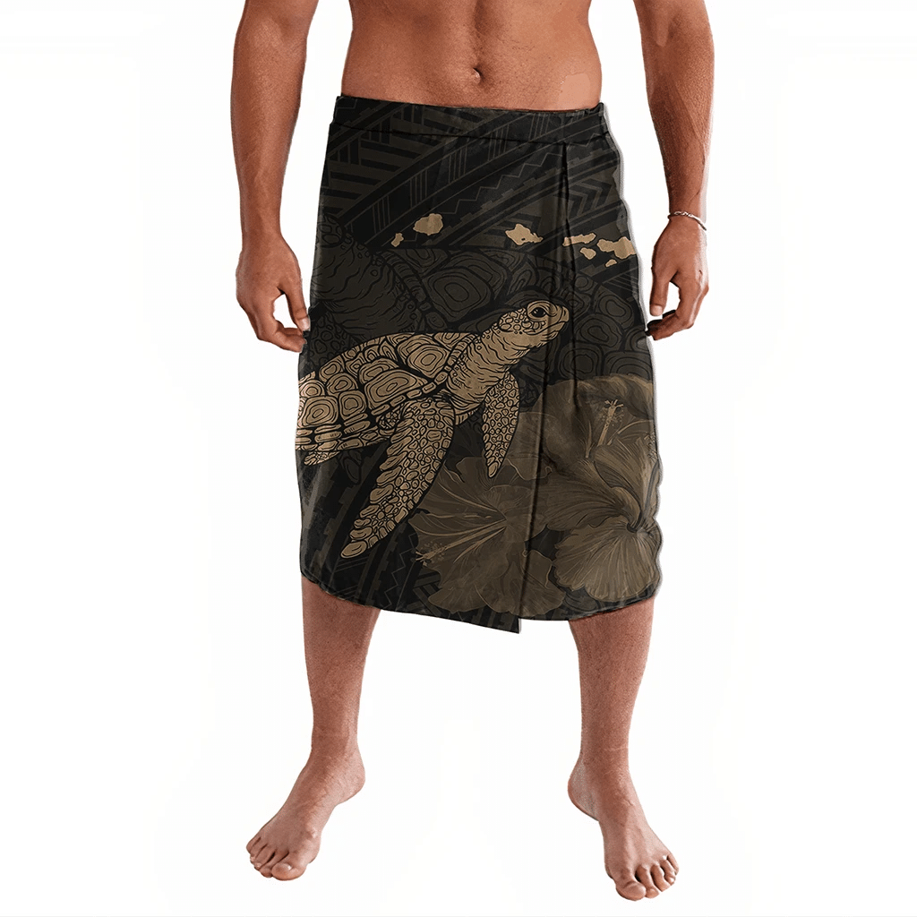 Polynesian Pride Clothing Hawaii Polynesian Hibiscus Turtle Map Ie Faitaga Gold Lavalava Black - Polynesian Pride