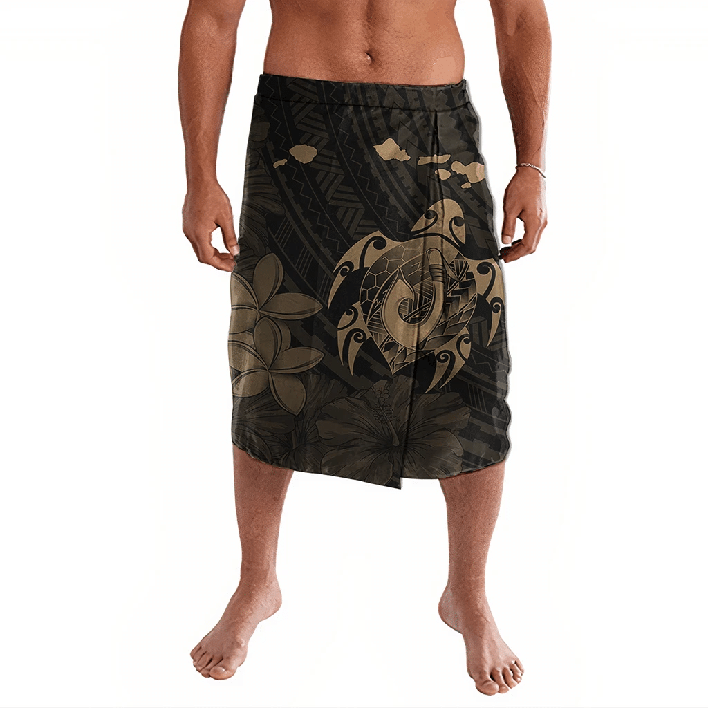 Polynesian Pride Clothing Hawaiian Map Turtle Plumeria Hibiscus Fish Hook Polynesian Ie Faitaga Gold Lavalava S/M Black - Polynesian Pride