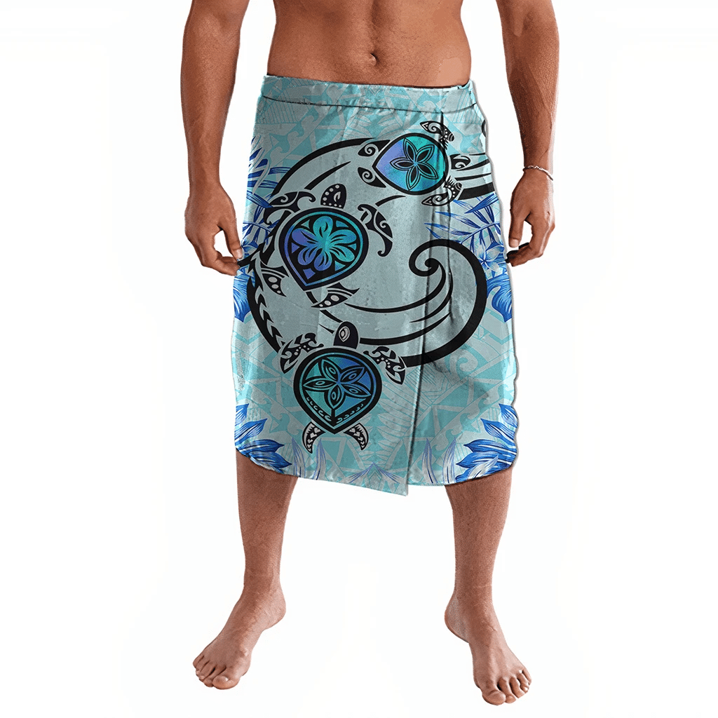 Polynesian Pride Clothing Hawaii Polynesian Plumeria Hibiscus Turtle Ie Faitaga Jack Style Blue Lavalava Black - Polynesian Pride