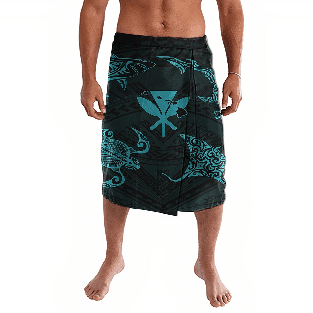 Polynesian Pride Clothing Polynesian Turtle Hammerhead Shark Ray Kanaka Hawaii Ie Faitaga Circle Blue Lavalava S/M Black - Polynesian Pride