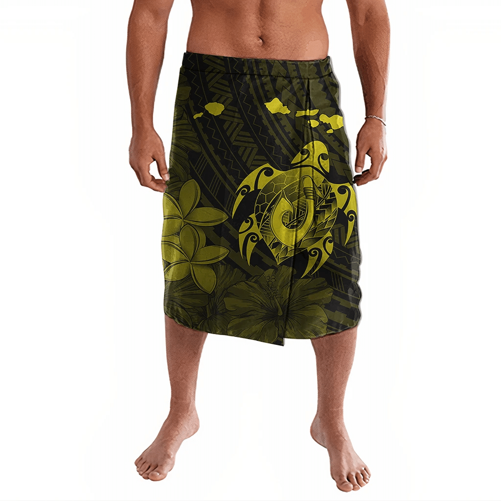 Polynesian Pride Clothing Hawaiian Map Turtle Plumeria Hibiscus Fish Hook Polynesian Ie Faitaga Yellow Lavalava S/M Black - Polynesian Pride