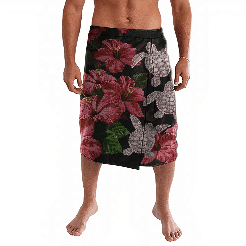 Polynesian Pride Clothing Hawaii Red Hibiscus Turtle Ie Faitaga Ray Style Lavalava Black - Polynesian Pride