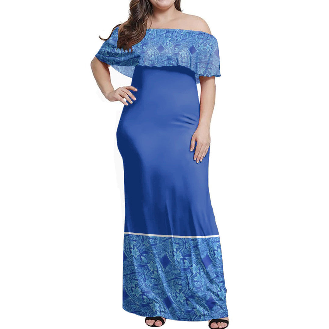 Polynesian Pride Dress - Blue Samoan Elei Pattern Off Shoulder Long Dress Long Dress Blue - Polynesian Pride