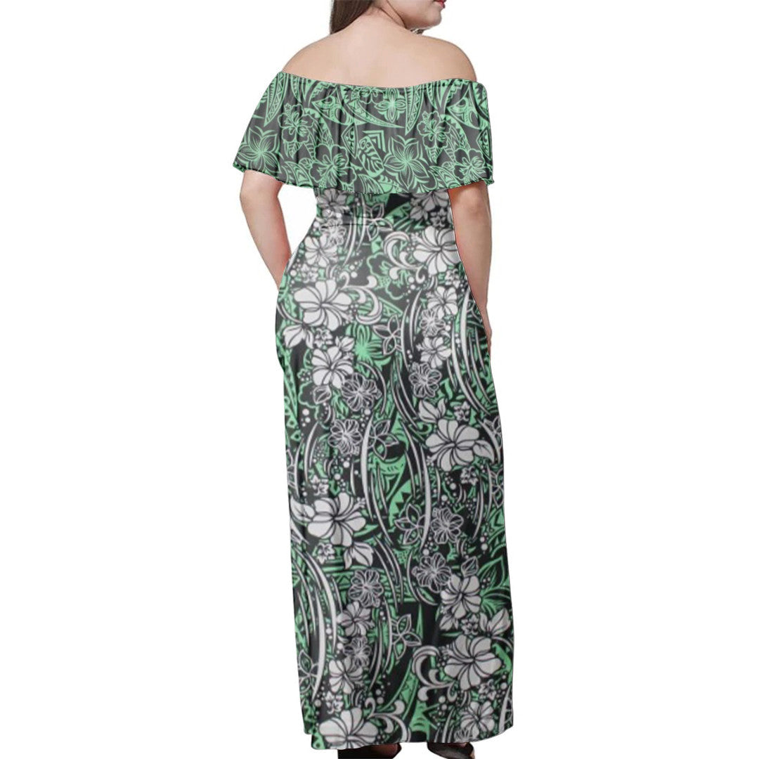 Polynesian Pride Dress - Samoan Siapo Elei Green Off Shoulder Long Dress - Polynesian Pride