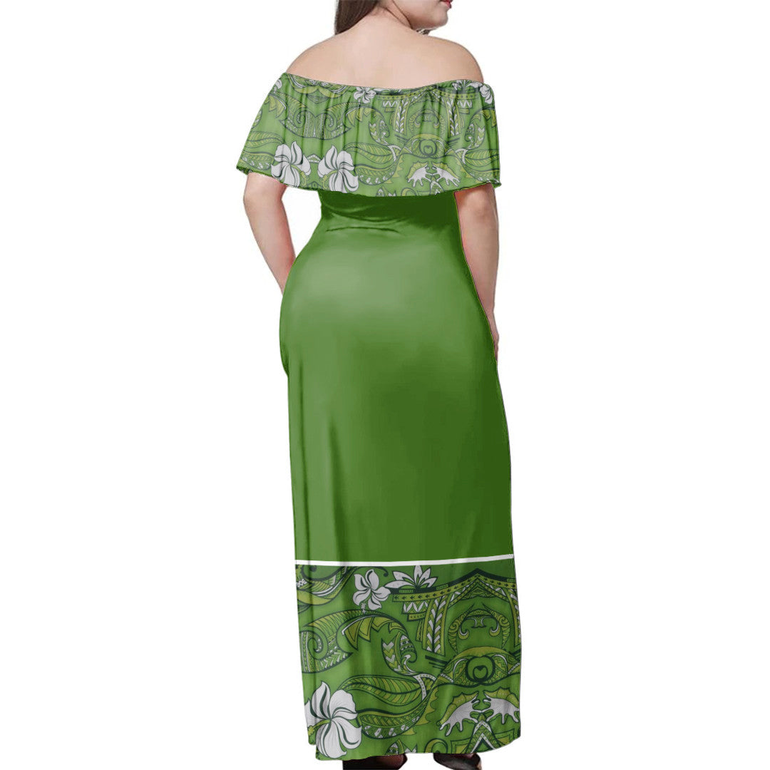 Polynesian Pride Dress - Samoa Hibiscus Green Elei Design Off Shoulder Long Dress - Polynesian Pride