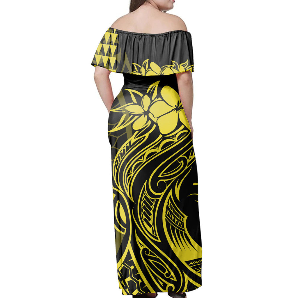 Polynesian Pride Dress - Hawaii Map Kanaka Polynesian Hula Girl Yellow Off Shoulder Long Dress - Polynesian Pride