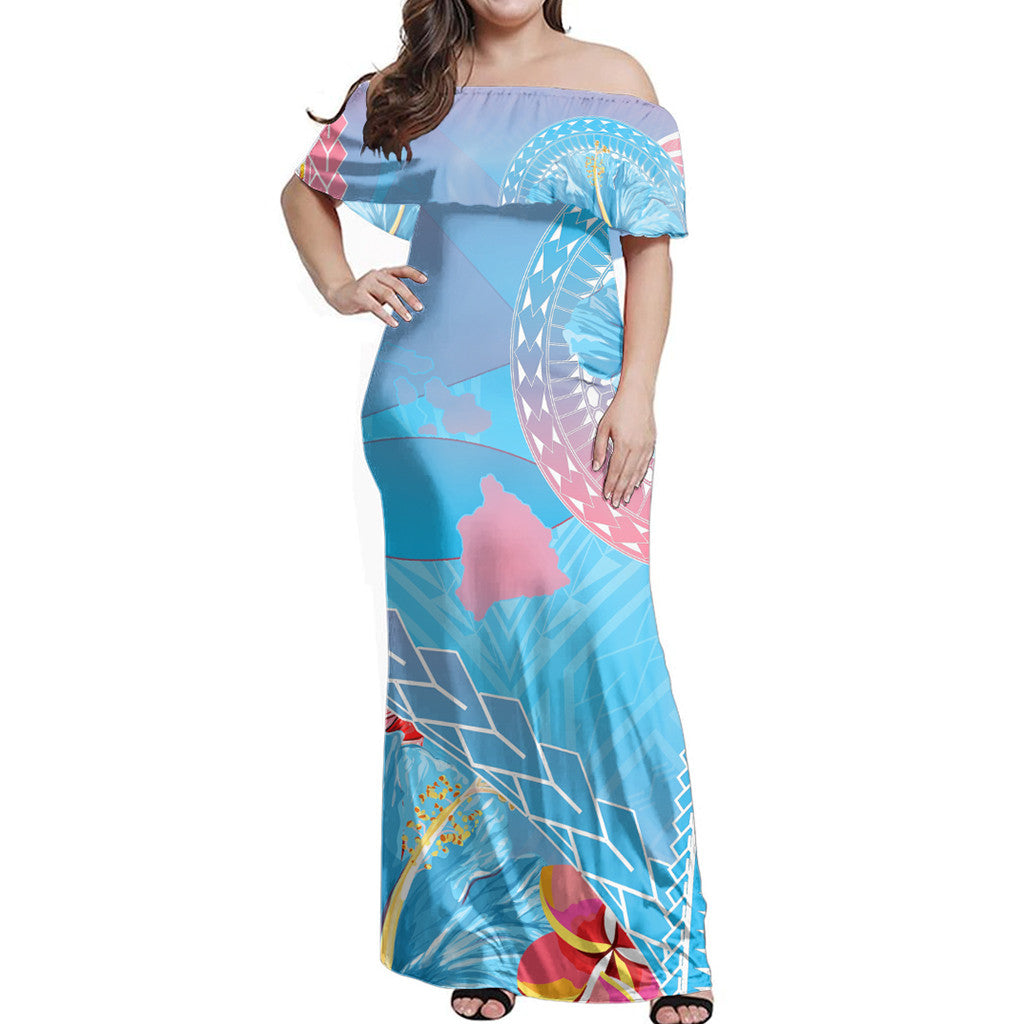 Polynesian Pride Dress - Hawaii Map Sweet Dream Kanaka Polynesian Hibiscus Off Shoulder Long Dress Long Dress Blue - Polynesian Pride