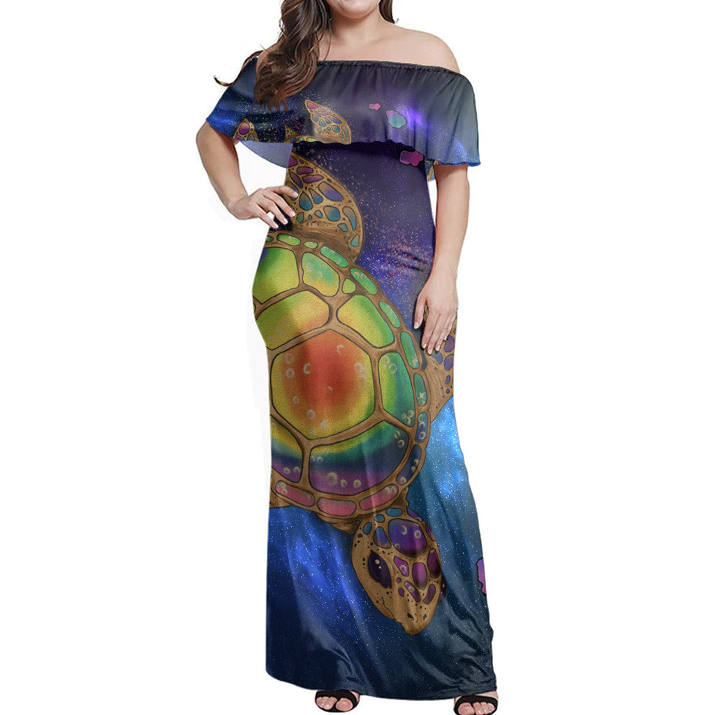 Polynesian Pride Dress - Hawaii Map Turtle Galaxy Blue Off Shoulder Long Dress Long Dress Purple - Polynesian Pride