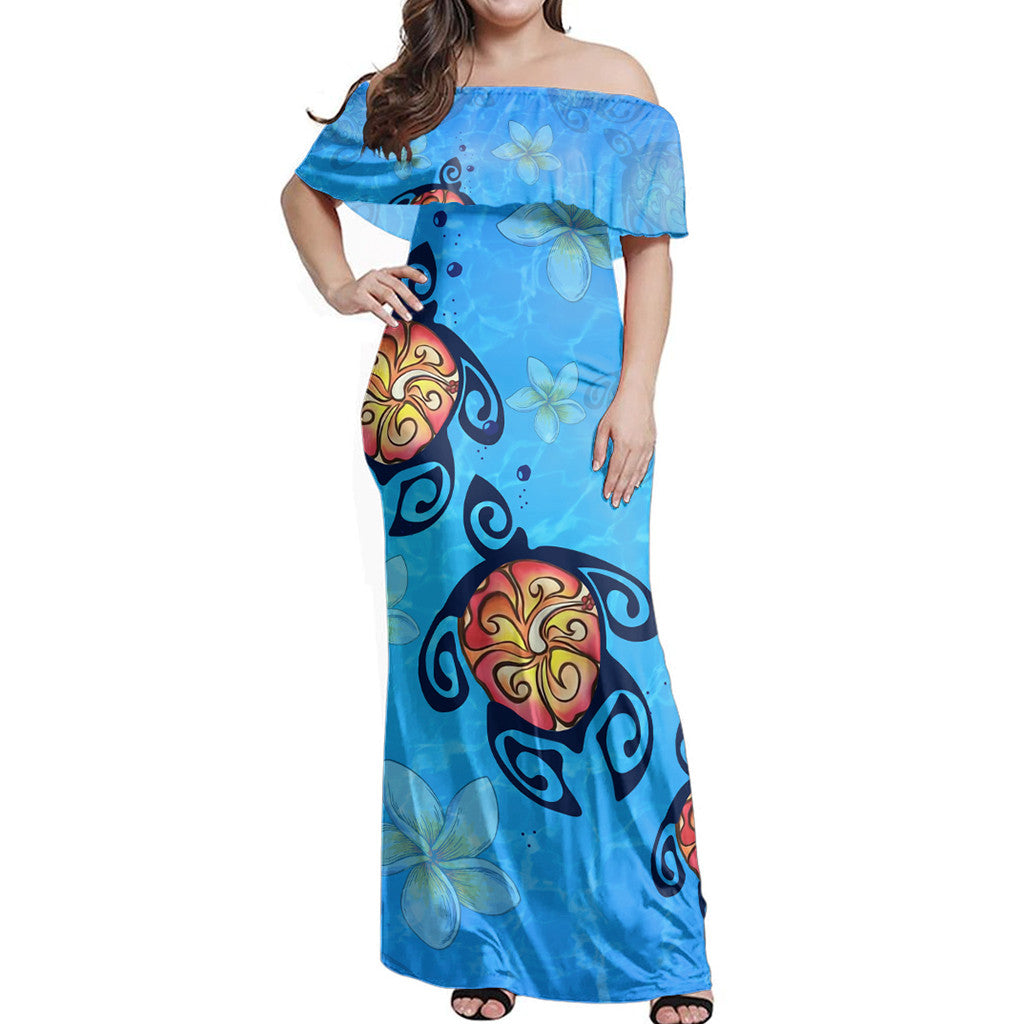 Polynesian Pride Dress - Hawaii Plumeria Turtle In The Ocean John Style Off Shoulder Long Dress Long Dress Purple - Polynesian Pride