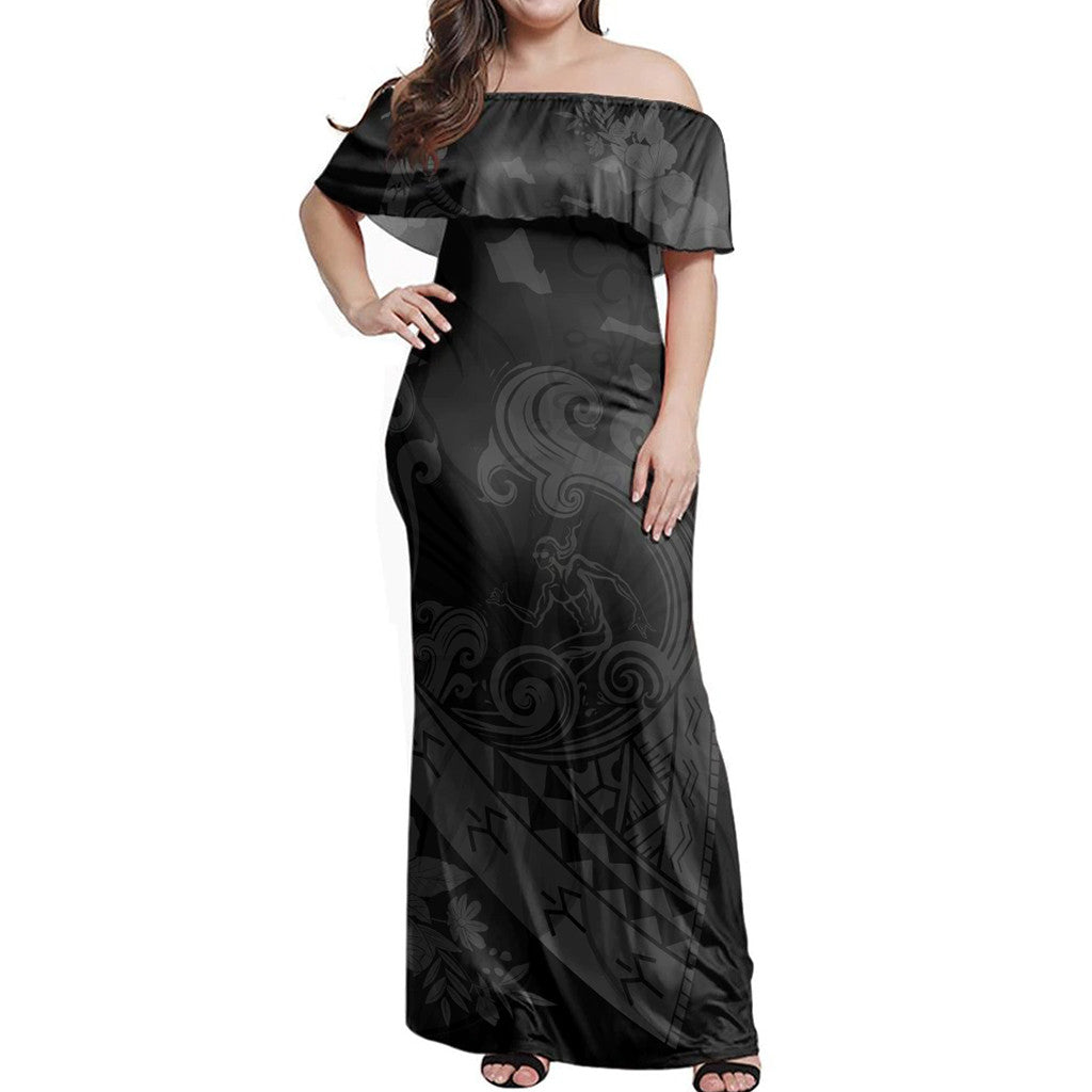 Polynesian Pride Dress - Hawaiian Fish Hook Hibiscus Banzai Surfing Polynesian Grey Off Shoulder Long Dress Long Dress Black - Polynesian Pride