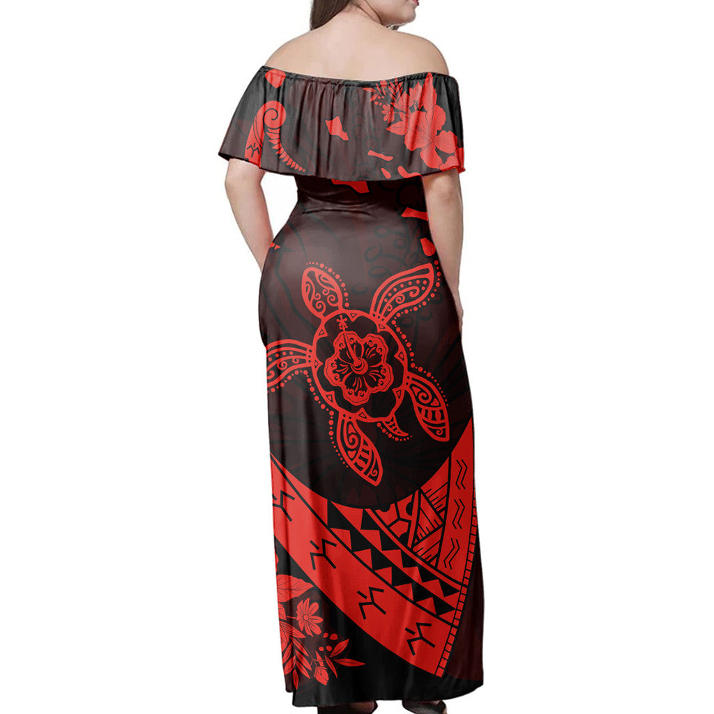 Polynesian Pride Dress - Hawaiian Map Turtle Plumeria Hibiscus Fish Hook Polynesian Red Off Shoulder Long Dress - Polynesian Pride