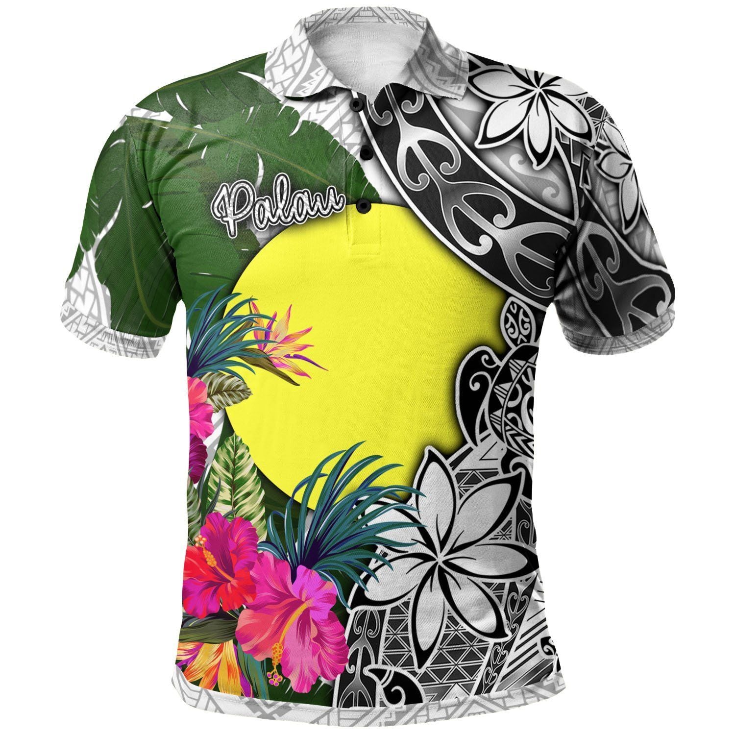 Polynesian Pride Apparel Palau Polo Shirt White Turtle Plumeria Banana Leaf Unisex Black - Polynesian Pride