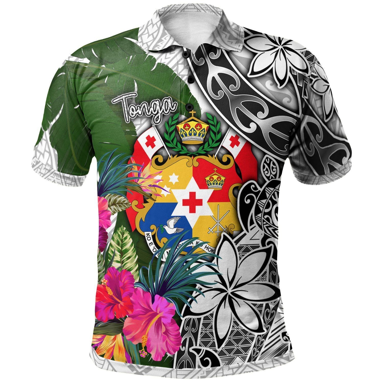 Polynesian Pride Apparel Tonga Polo Shirt White Turtle Plumeria Banana Leaf Unisex Black - Polynesian Pride