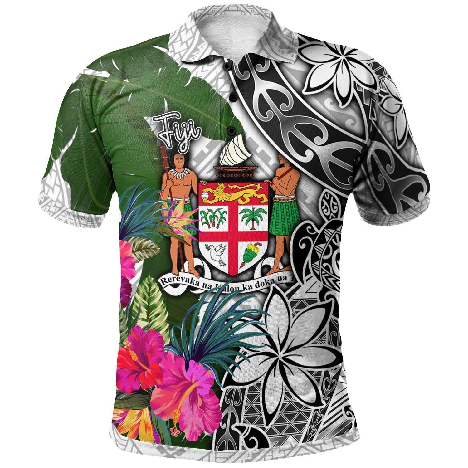 Polynesian Pride Apparel Fiji Polo Shirt White Turtle Plumeria Banana Leaf Crest Unisex Black - Polynesian Pride