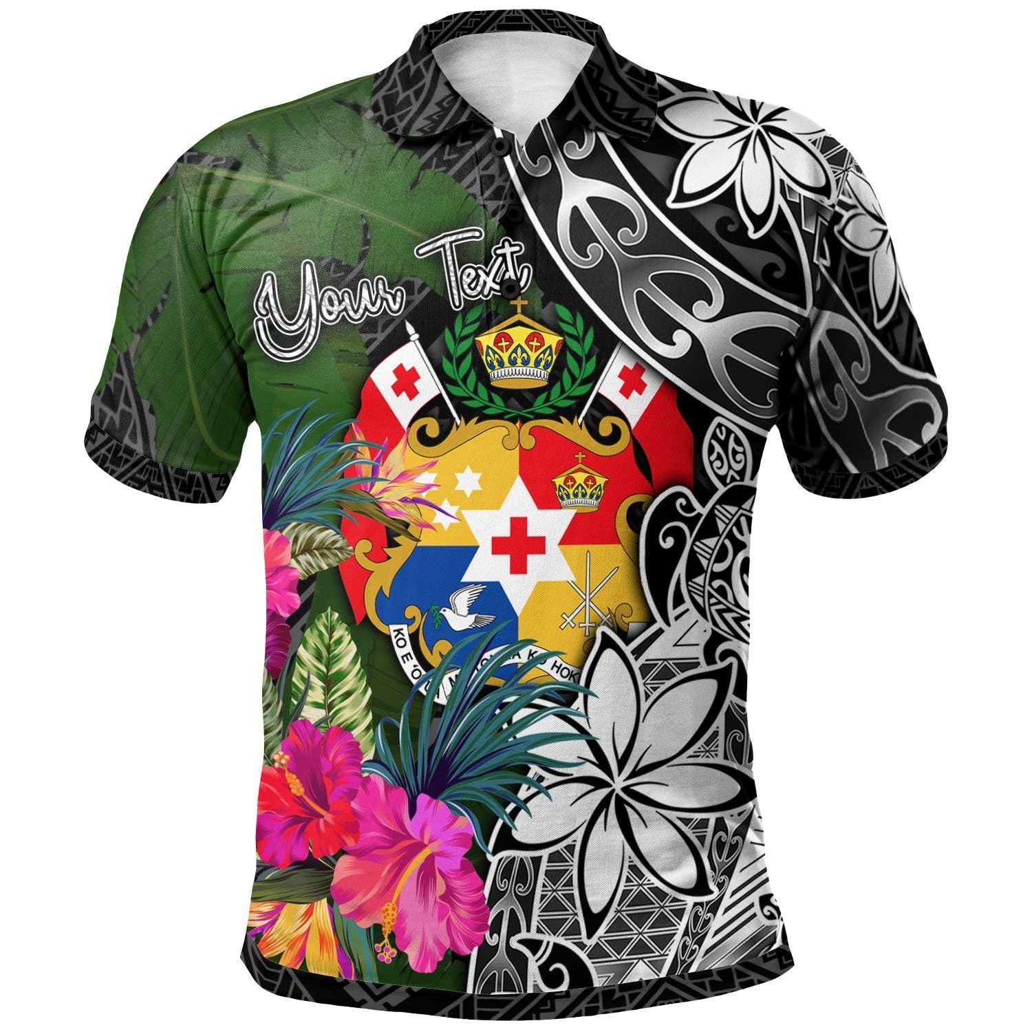 Polynesian Pride Apparel Personalize Tonga Polo Shirt Turtle Plumeria Banana Leaf Unisex Black - Polynesian Pride