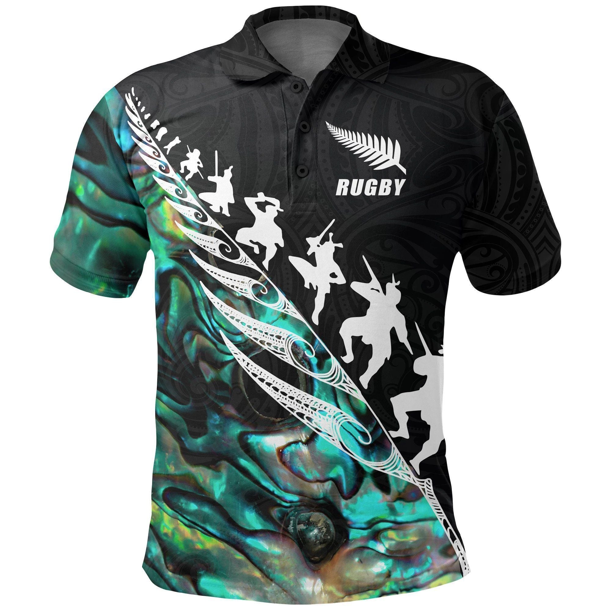 Polynesian Pride Apparel Rugby Haka Fern Polo Shirt Paua Shell Unisex Black - Polynesian Pride