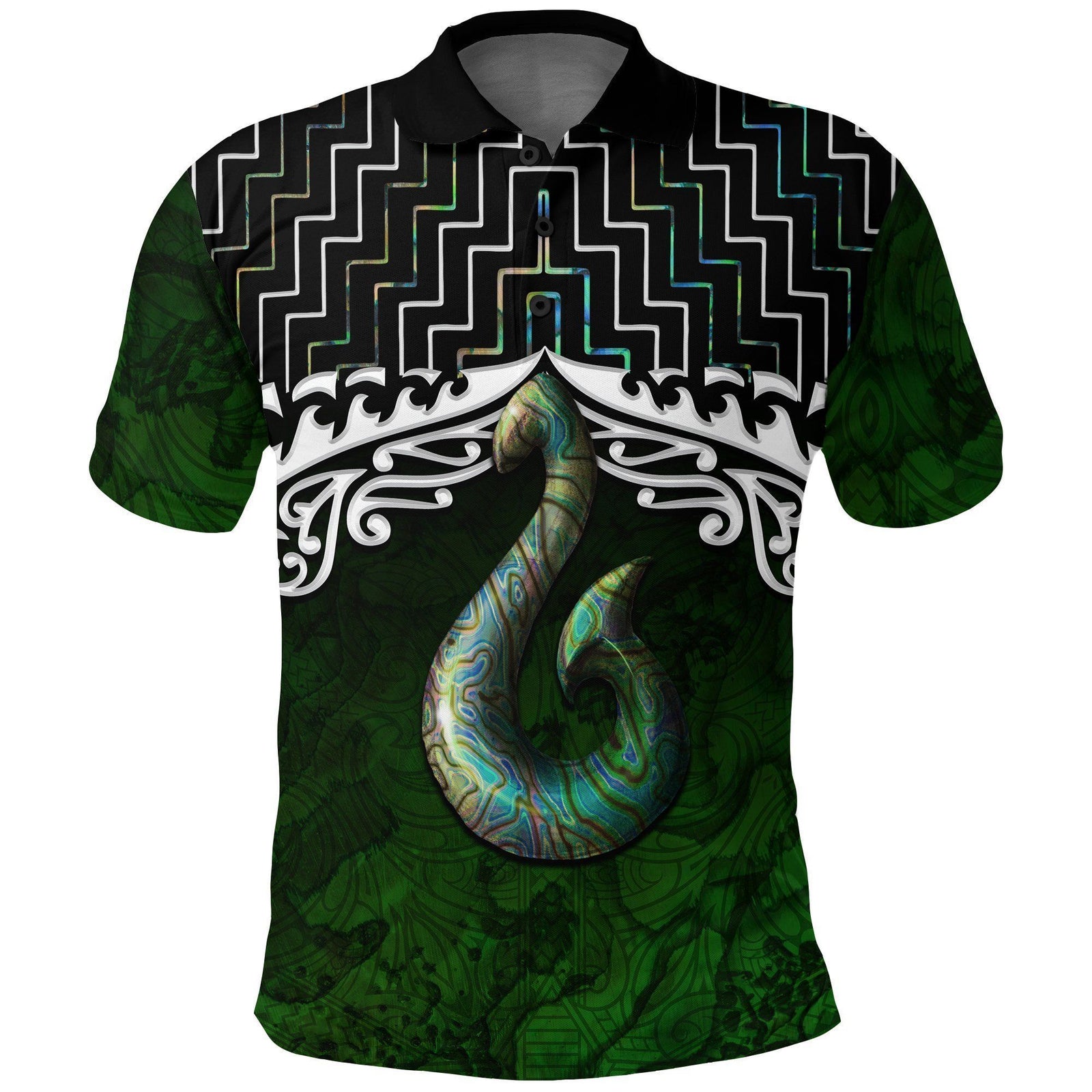 Polynesian Pride Apparel New Zealand Maori Polo Shirt, Poutama Hei Matau Paua Shell Golf Shirt Unisex Green - Polynesian Pride