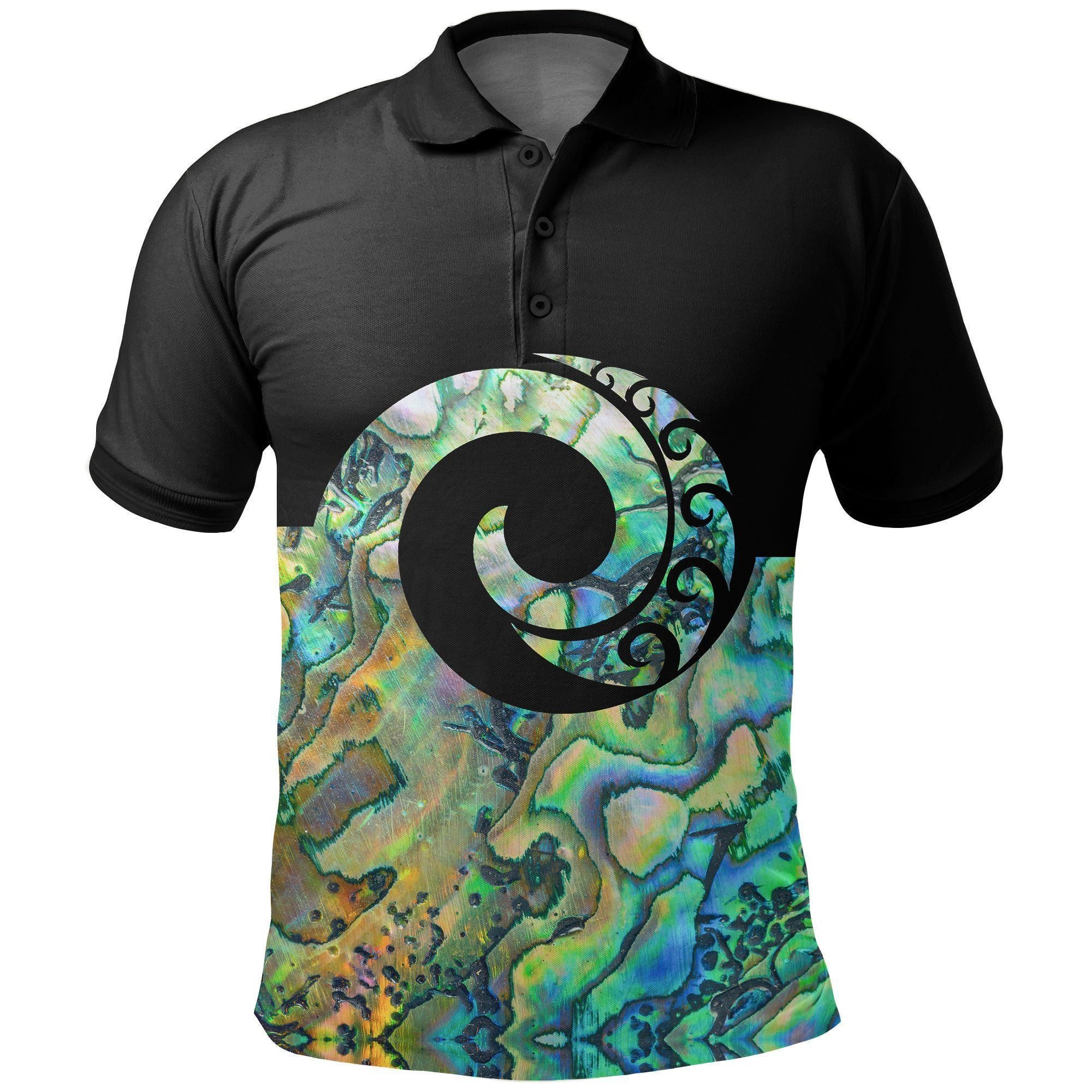 Polynesian Pride Apparel Koru New Zealand Polo Shirt, Paua Shell Golf Shirt 07 Unisex Black - Polynesian Pride