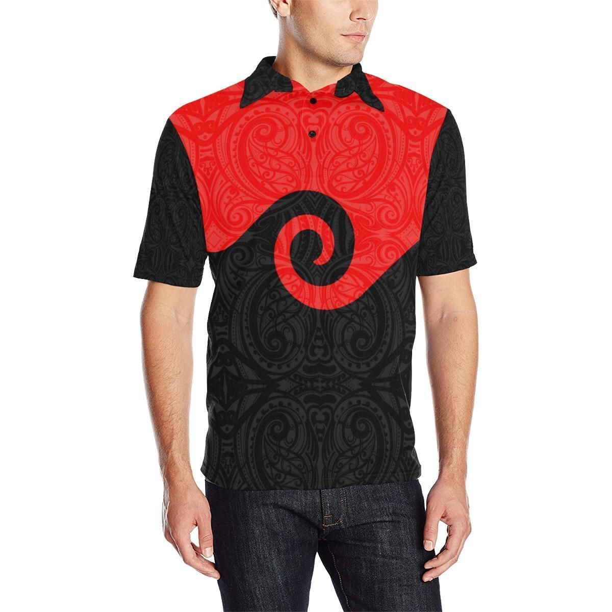 Polynesian Pride Apparel Maori Black and Red Polo Shirt Unisex Black - Polynesian Pride