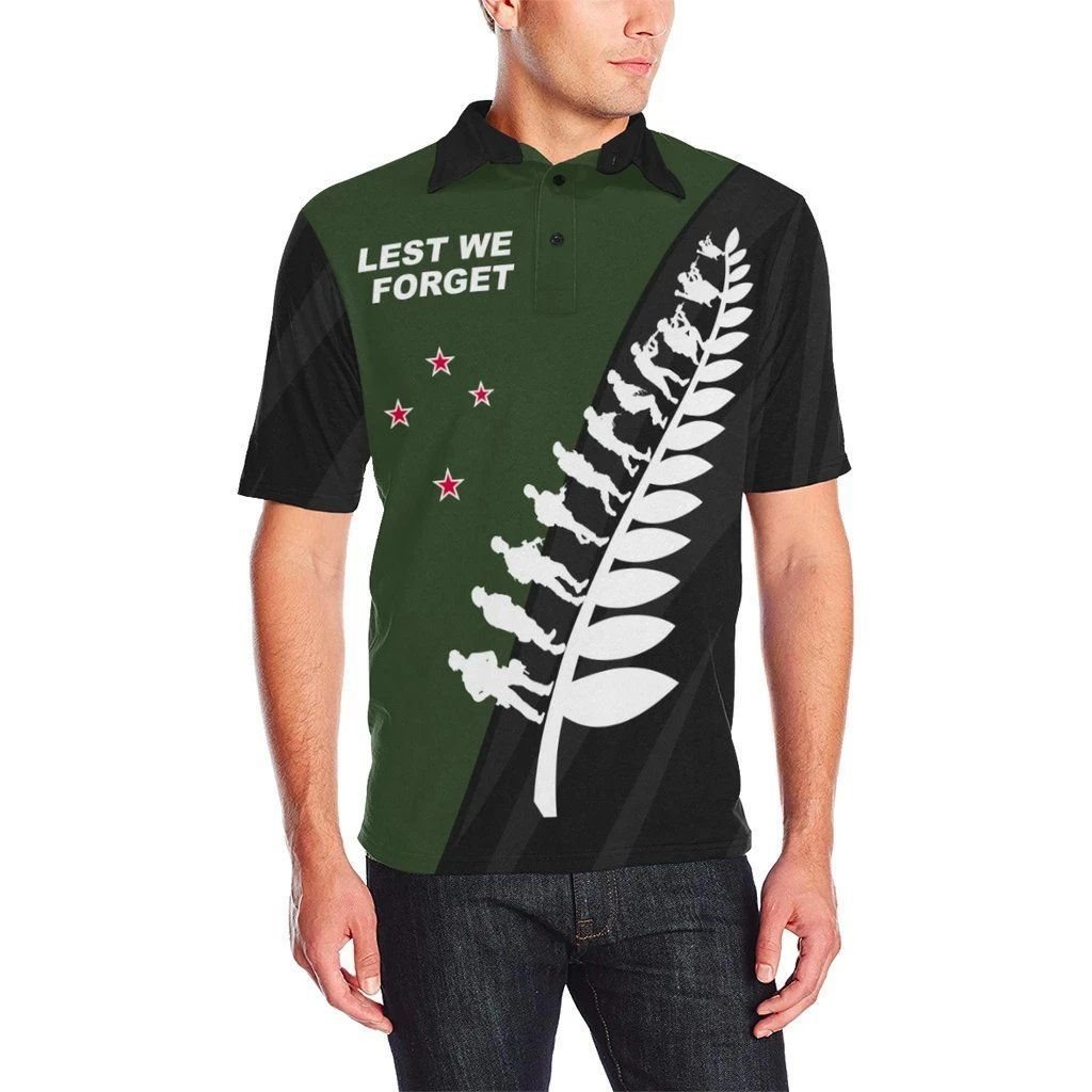 Polynesian Pride Apparel New Zealand Lest We Forget Polo Shirt, ANZAC Fern Golf Shirt Unisex Black - Polynesian Pride