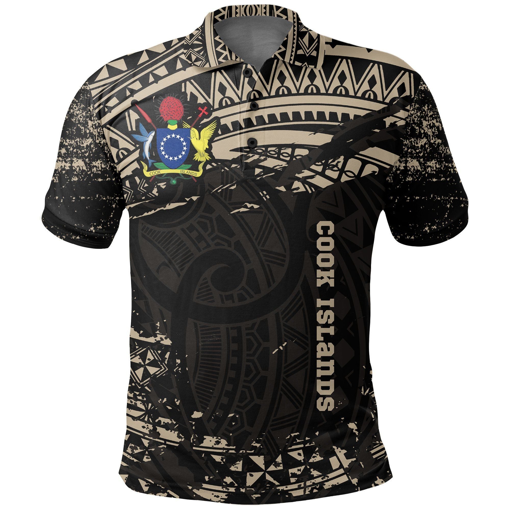 Polynesian Pride Apparel Cook Islands Polo Shirt, Kuki Airani Tattoo Golf Tan Unisex Black - Polynesian Pride