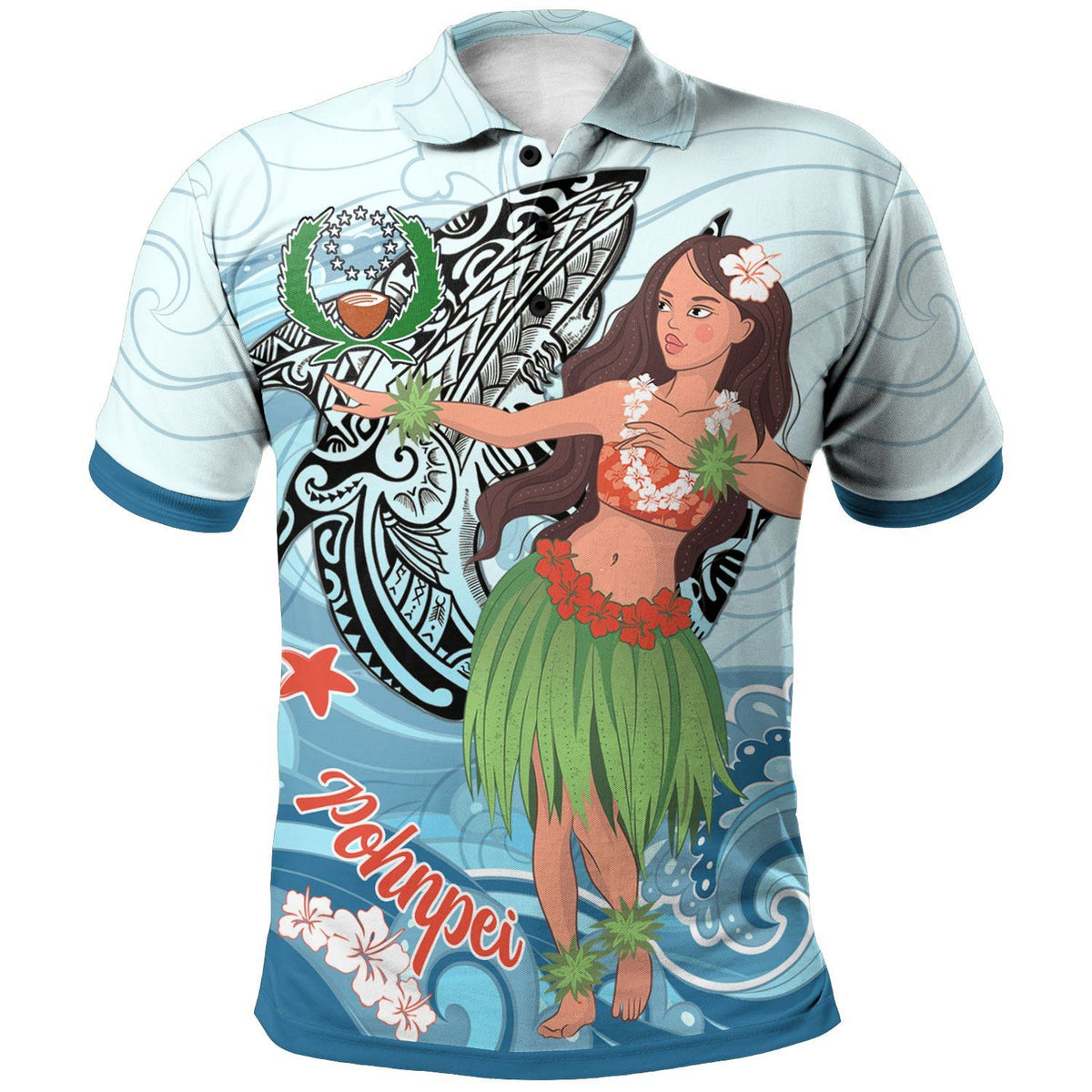 Polynesian Pride Apparel Pohnpei Polo Shirt Polynesian Girls With Shark Unisex Blue - Polynesian Pride