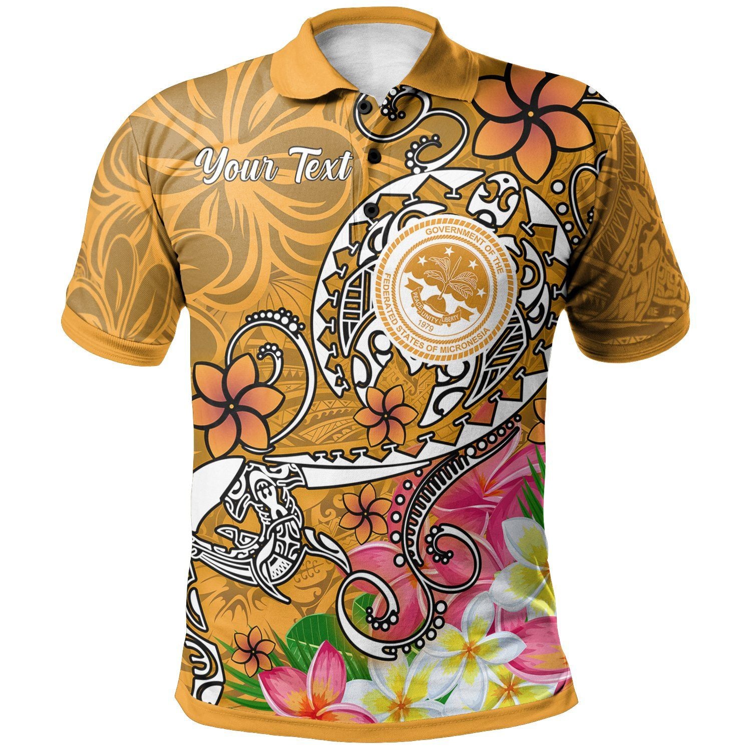 Polynesian Pride Apparel FSM Custom Polo Shirt Turtle Plumeria (Gold) Unisex Gold - Polynesian Pride