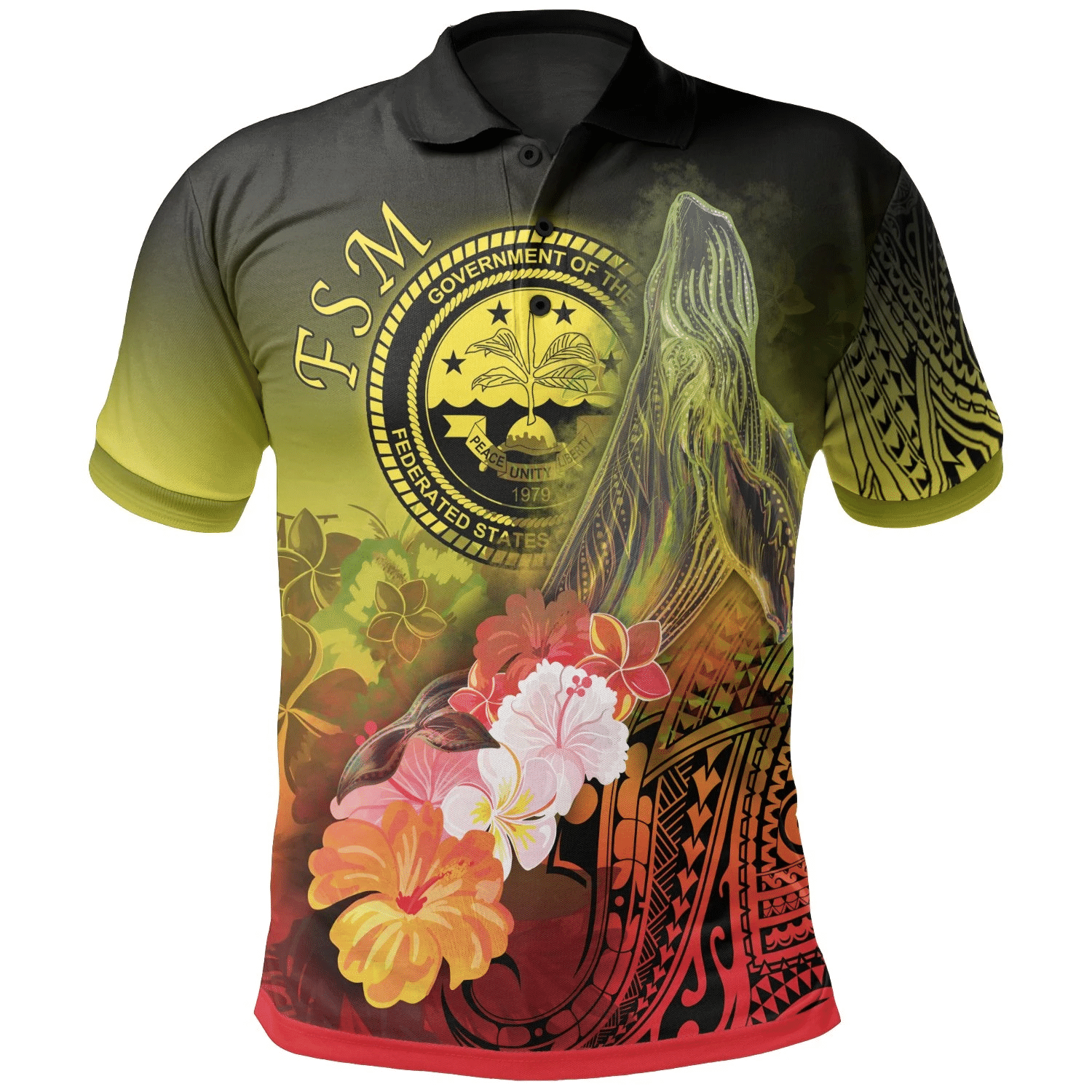 Polynesian Pride Apparel Fsm Polo Shirt Humpback Whale With Tropical Flowers (Yellow) Unisex Yellow - Polynesian Pride