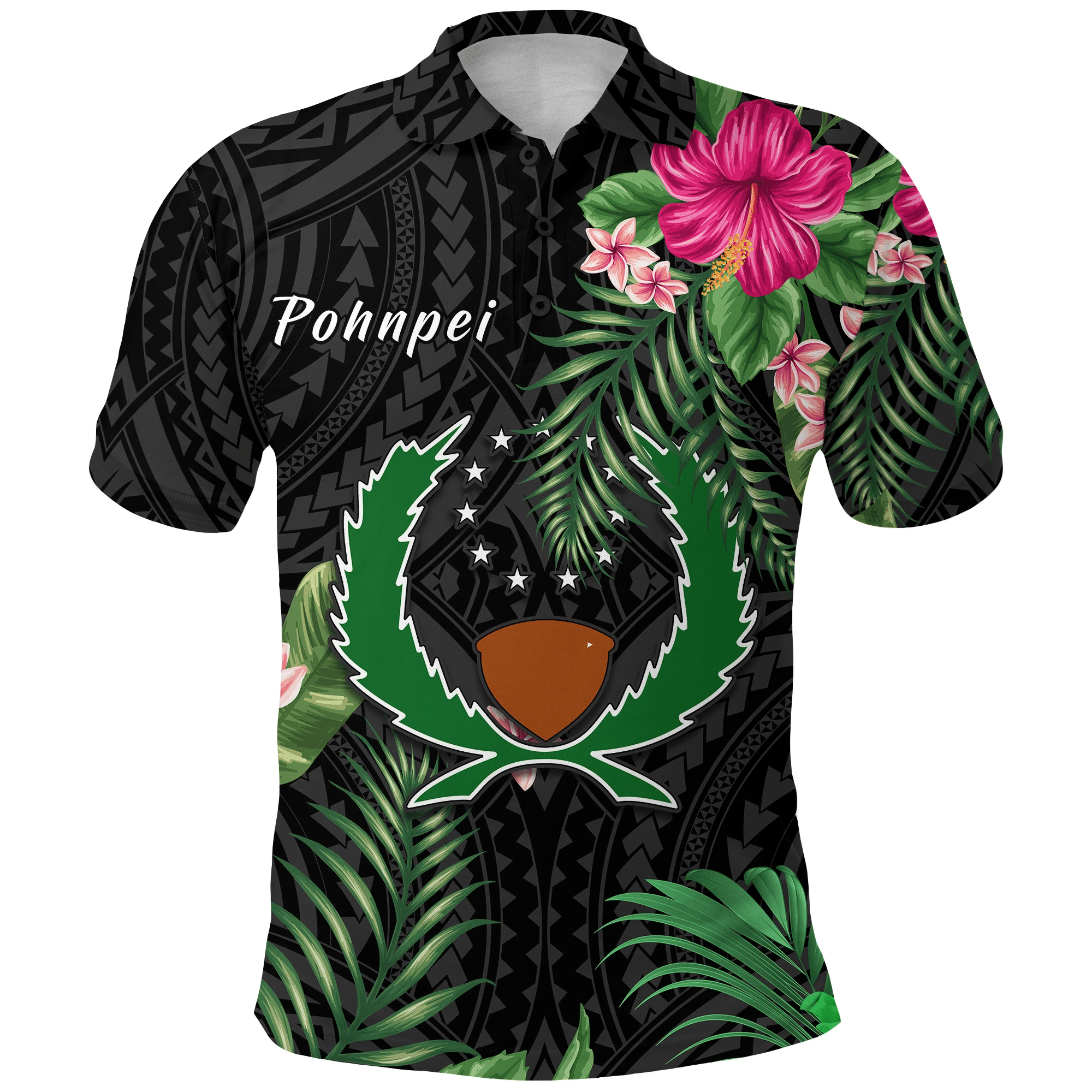 Polynesian Pride Apparel Pohnpei Micronesia Polo Shirt Tropical Flowers Unisex Black - Polynesian Pride