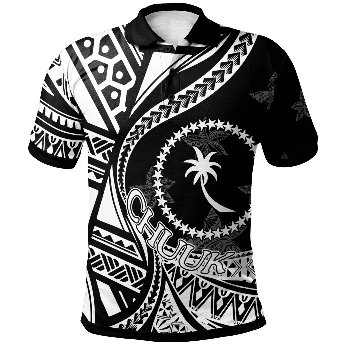 Polynesian Pride Apparel Chuuk Polo Shirt Plumeria Flowers White Version Unisex Black - Polynesian Pride