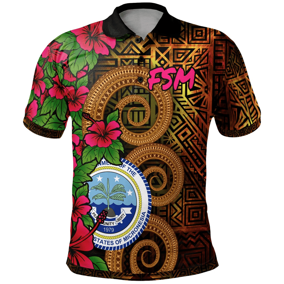 Polynesian Pride Apparel Federated States of Micronesia Polo Shirt Hibiscus Vintage Unisex Orange - Polynesian Pride