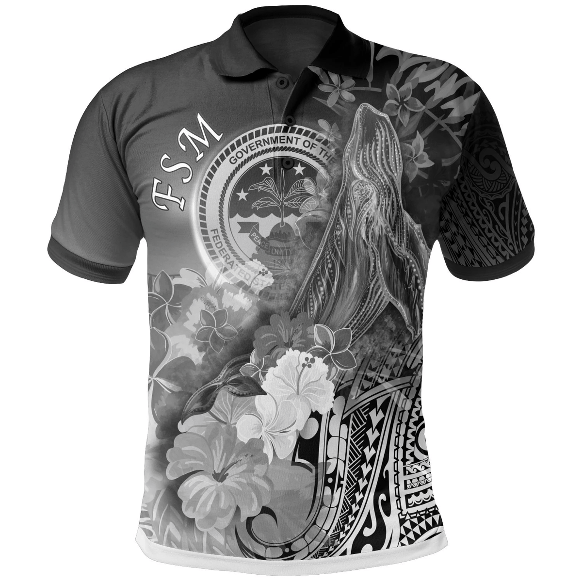 Polynesian Pride Apparel Fsm Polo Shirt Humpback Whale With Tropical Flowers (White) Unisex White - Polynesian Pride