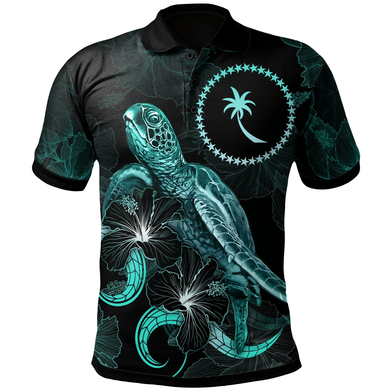 Polynesian Pride Apparel Chuuk Polynesian Polo Shirt Turtle With Blooming Hibiscus Turquoise Unisex Turquoise - Polynesian Pride