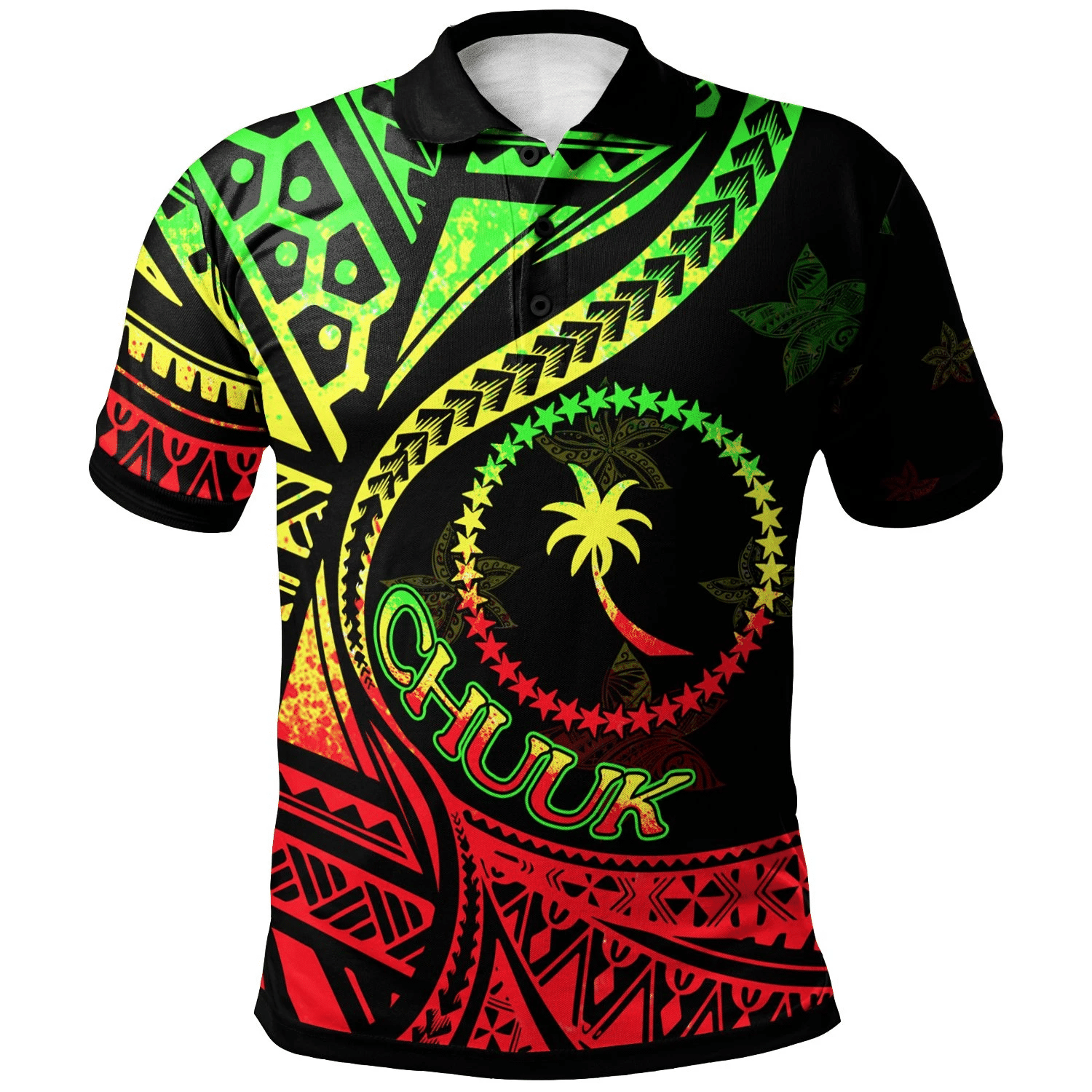 Polynesian Pride Apparel Chuuk Polo Shirt Plumeria Flowers Raggage Version Unisex Black - Polynesian Pride