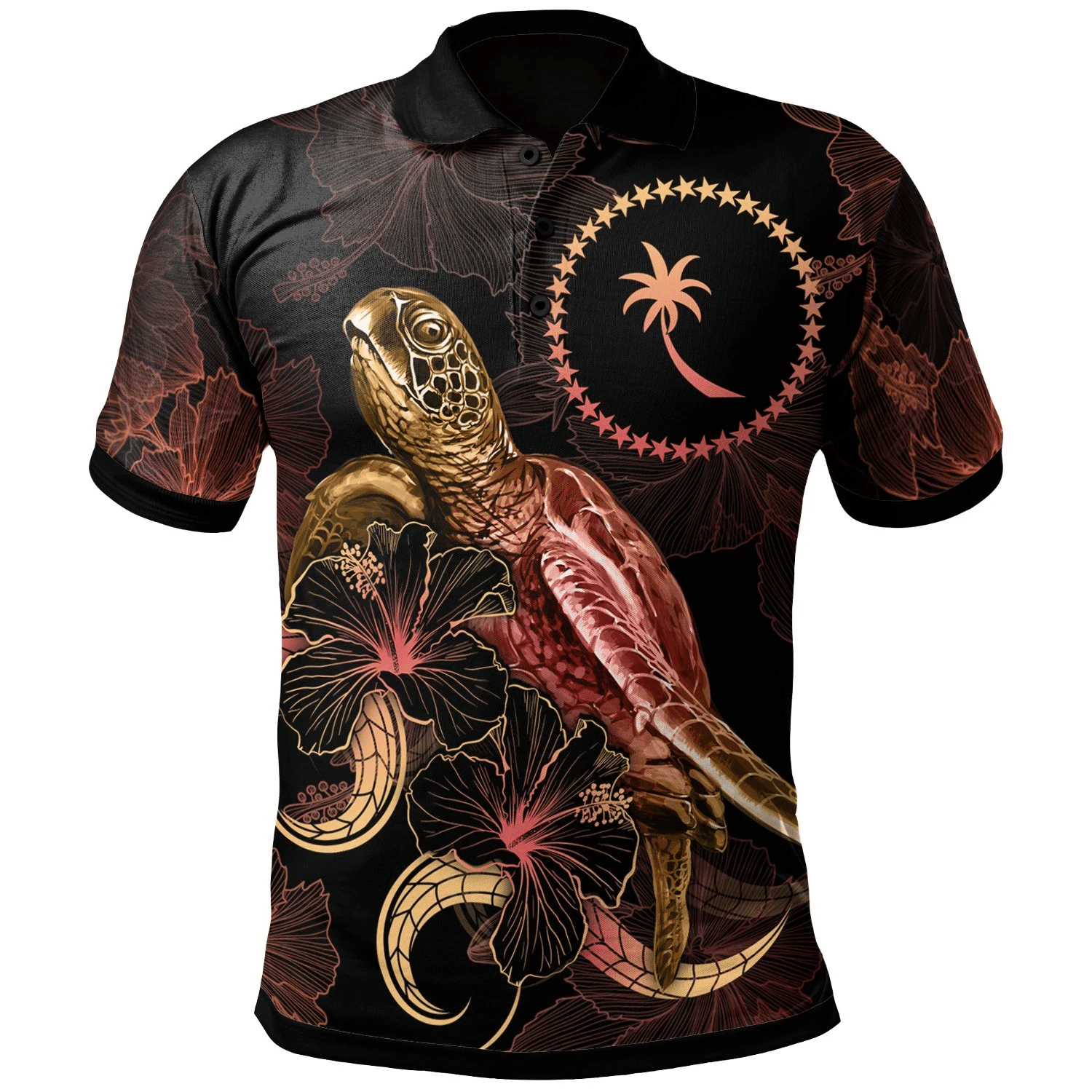 Polynesian Pride Apparel Chuuk Polynesian Polo Shirt Turtle With Blooming Hibiscus Gold Unisex Gold - Polynesian Pride