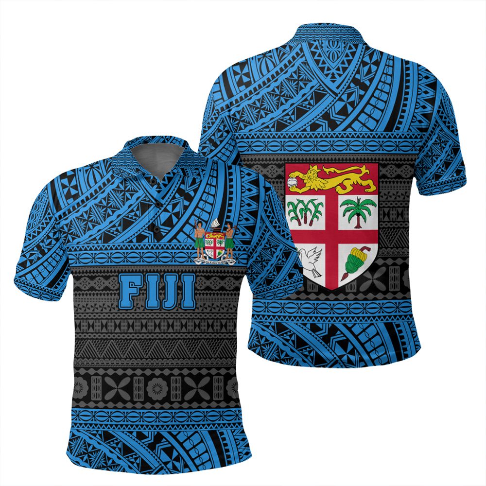 Polynesian Pride Apparel Polo Shirt Fiji Polo Shirt Flag Tapa Art Style Unisex Blue - Polynesian Pride