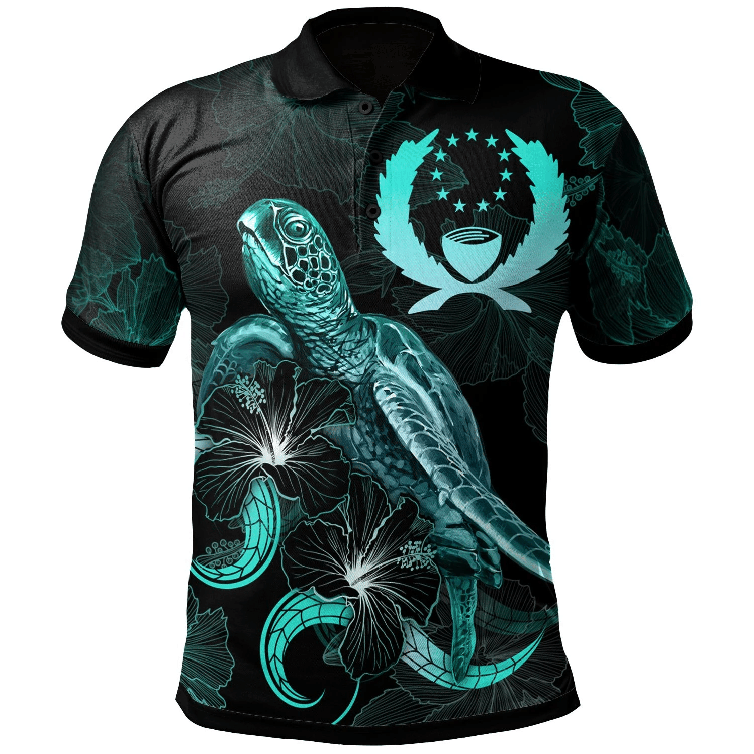 Polynesian Pride Apparel Pohnpei Polynesian Polo Shirt Turtle With Blooming Hibiscus Turquoise Unisex Turquoise - Polynesian Pride