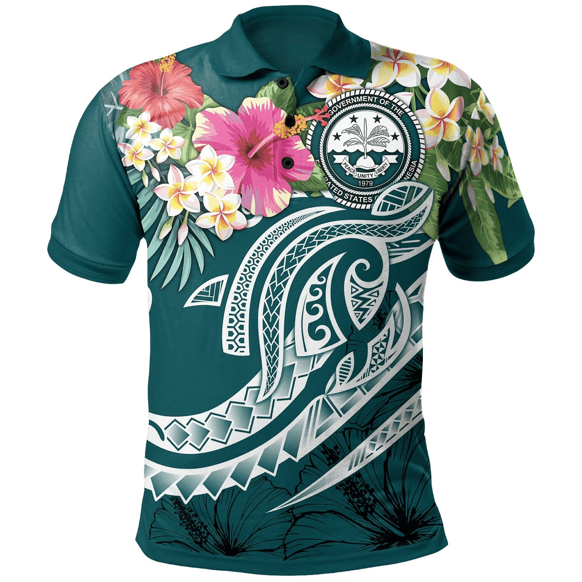 Polynesian Pride Apparel FSM Polynesian Polo Shirt Summer Plumeria (Turquoise) Unisex Turquoise - Polynesian Pride