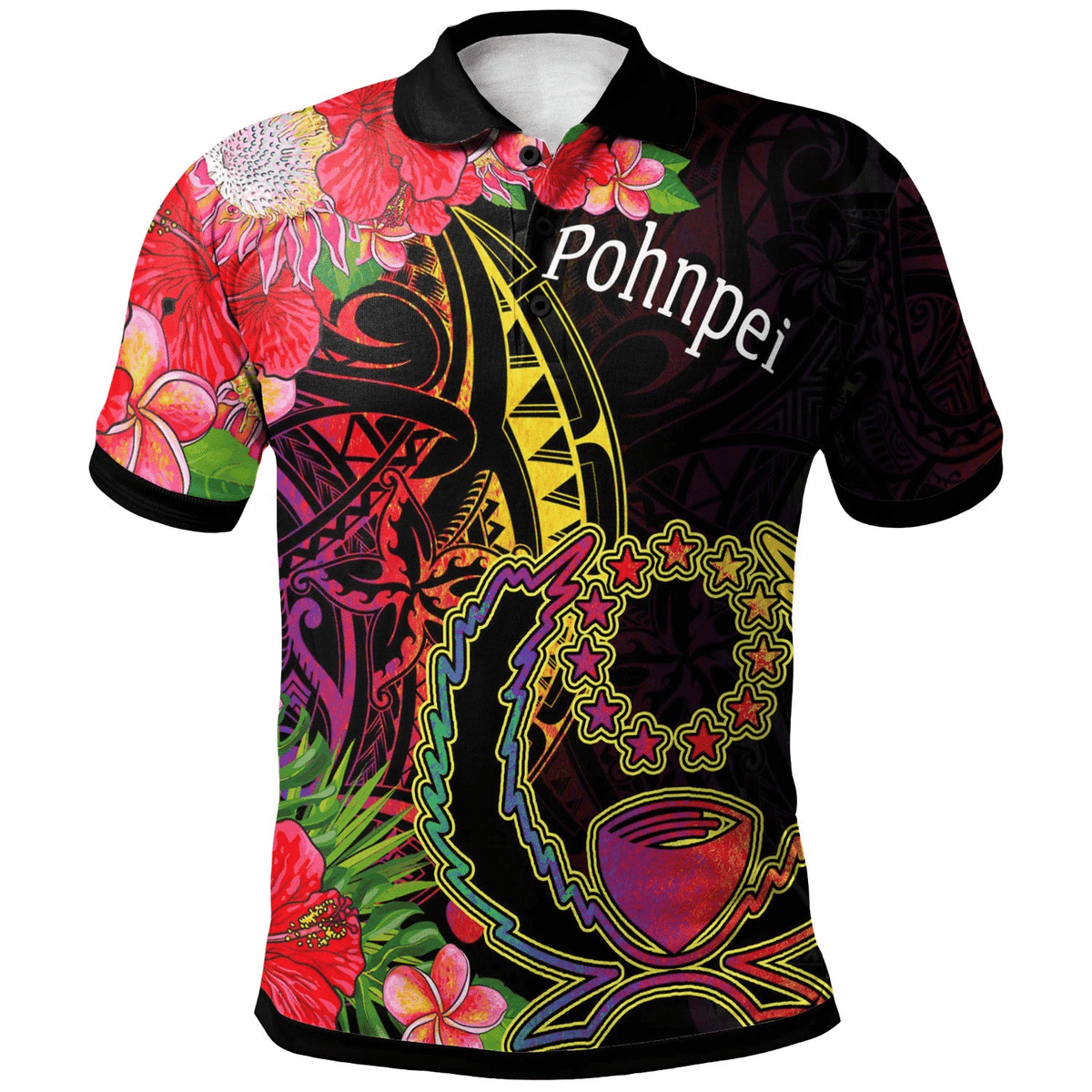Polynesian Pride Apparel Pohnpei Polo Shirt Tropical Hippie Style Unisex Black - Polynesian Pride
