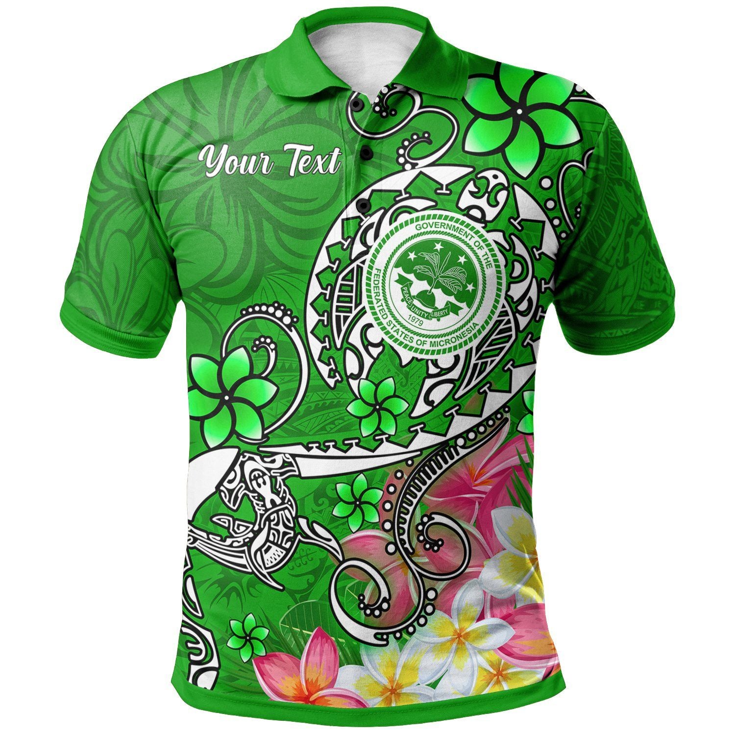 Polynesian Pride Apparel FSM Custom Polo Shirt Turtle Plumeria (Green) Unisex Blue - Polynesian Pride