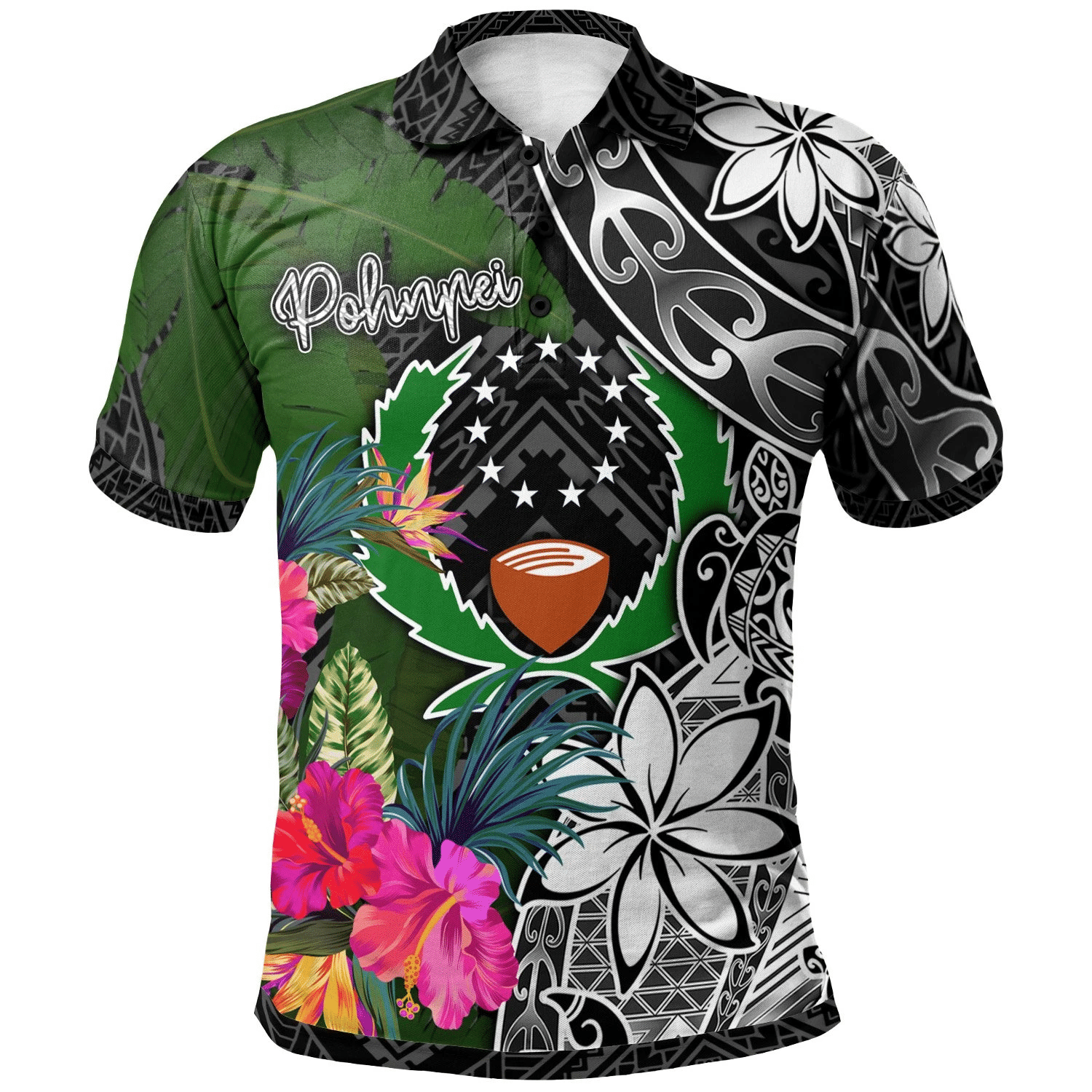 Polynesian Pride Apparel Pohnpei Polo Shirt Turtle Plumeria Banana Leaf Unisex Black - Polynesian Pride