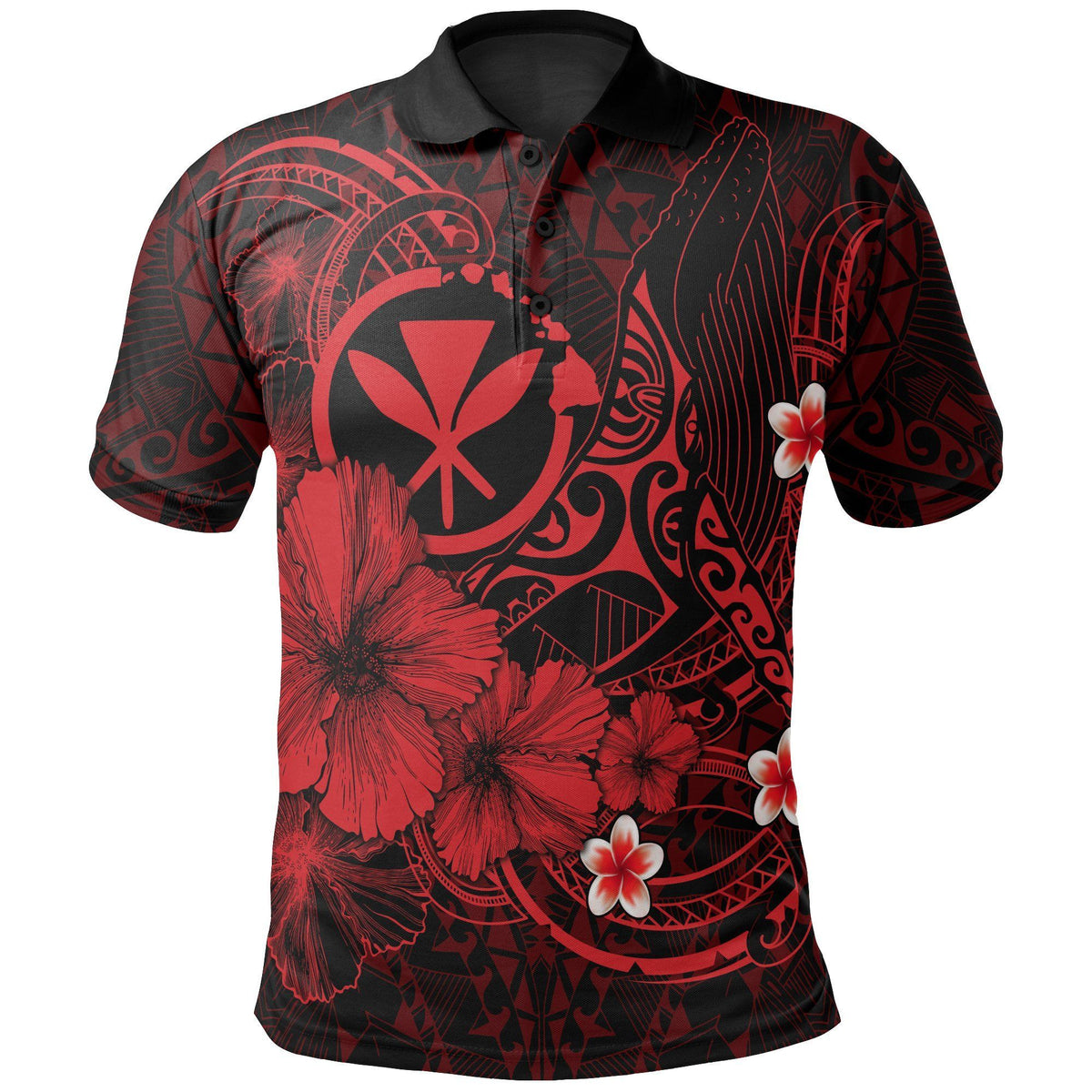 Polynesian Pride Apparel Polynesian Hawaii Kanaka Maoli Polo Shirt Humpback Whale With Hibiscus (Red) Unisex Black - Polynesian Pride