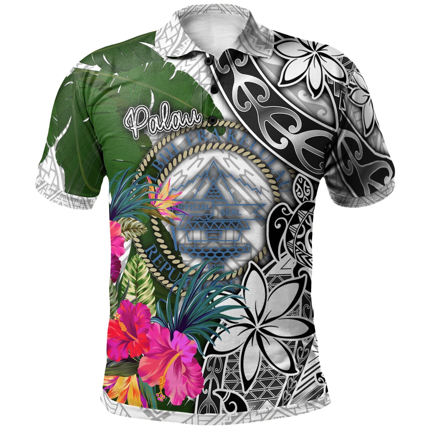 Polynesian Pride Apparel Palau Polo Shirt White Turtle Plumeria Banana Leaf Crest Unisex Black - Polynesian Pride