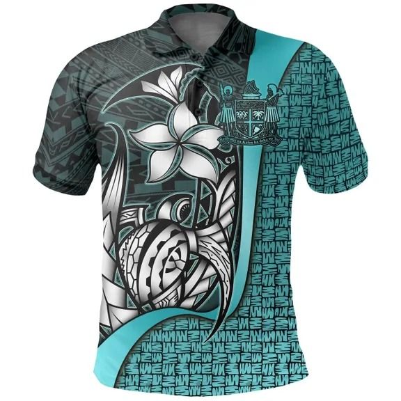 Polynesian Pride Apparel Fiji Polo Shirt Turquoise Coat of Arm Turtle With Hook Unisex Black - Polynesian Pride