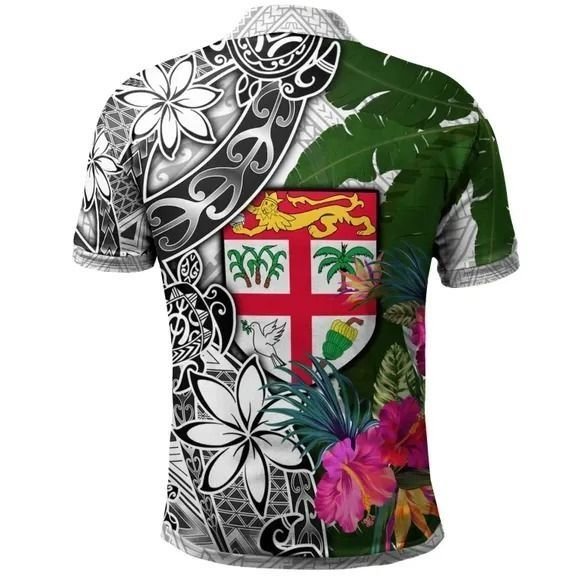 Polynesian Pride Apparel Fiji Polo Shirt White Turtle Plumeria Banana Leaf - Polynesian Pride