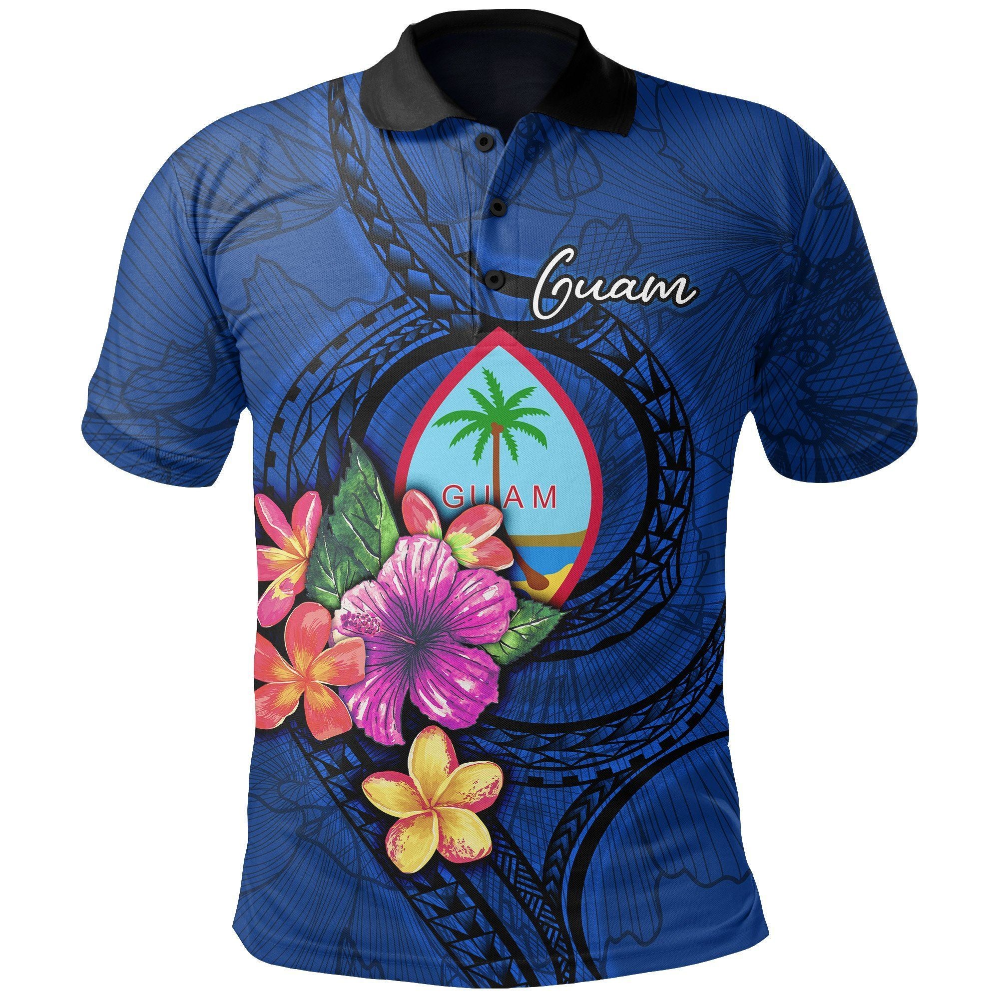 Polynesian Pride Apparel Guam Polynesian Polo Shirt Floral With Seal Blue Unisex Black - Polynesian Pride