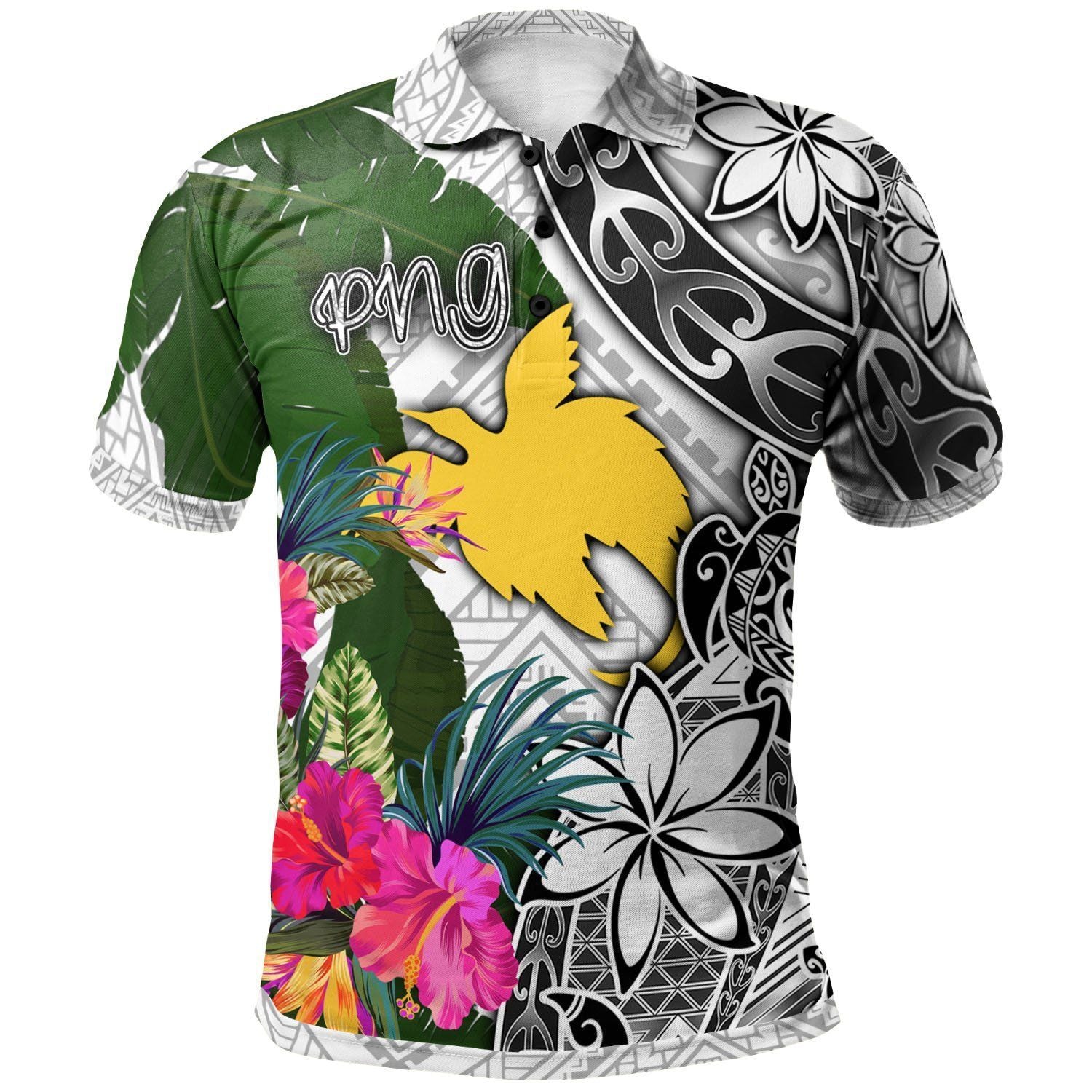 Polynesian Pride Apparel Papua New Guinea Polo Shirt White Turtle Plumeria Banana Leaf Unisex Black - Polynesian Pride